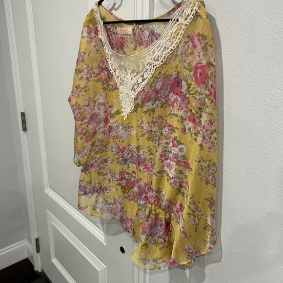 Orange Floral Chiffon Sheer Blouse Lace Trim Lightweight Top Size OS Bohemian - Picture 3 of 10